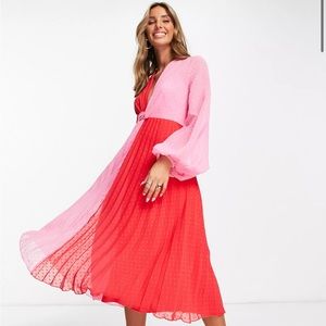ISO: ASOS DESIGN textured twist front pleated midi dress in color block
